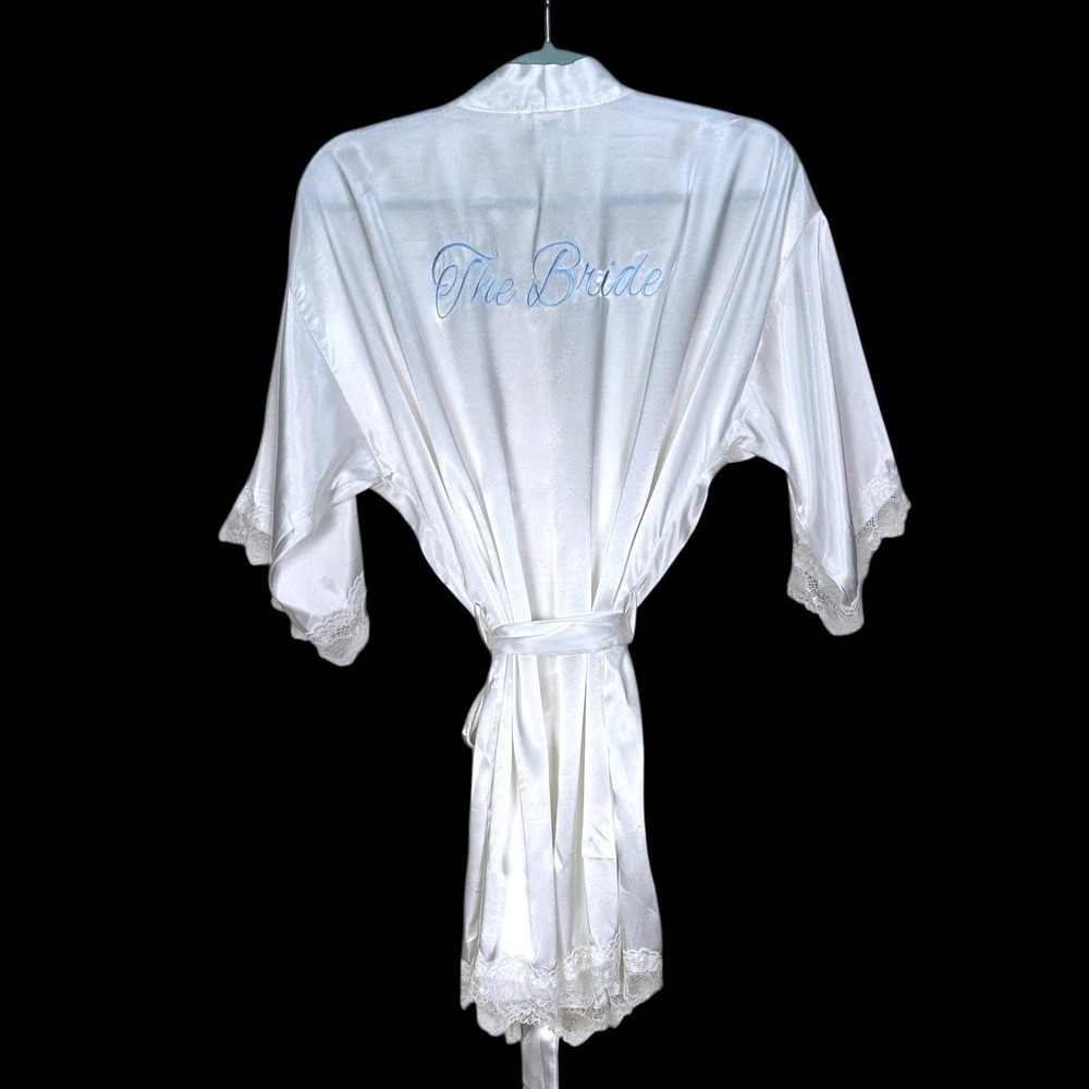 The Bride White Satin Lace Trim Robe In Bloom by Jonquil Blue Embroidery Small